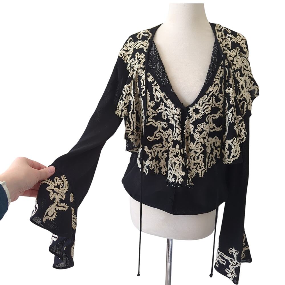 Vintage Runway Donna Karan Top Womens 14 100% Wool Bodysuit Embroidered Applique